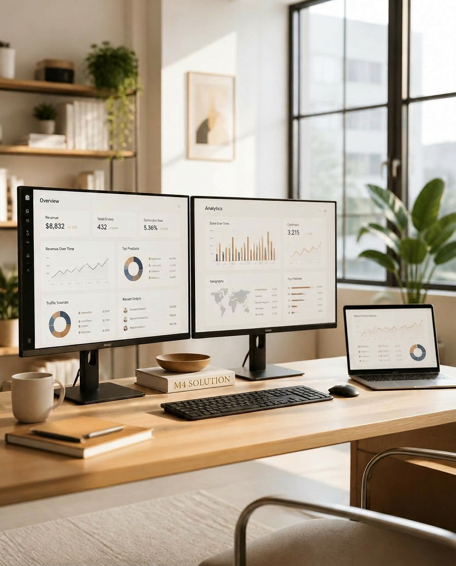 Modern skandinavisk kontorsmiljö med skärmar som visar dashboards och dataanalys